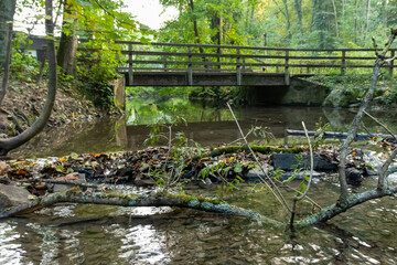 Little dam infront of an old bridge over a little creek or forest brook with a big branch in the water and rocks with autumn foliage as idyllic scenery on a hiking tour in the wilderness in clean air