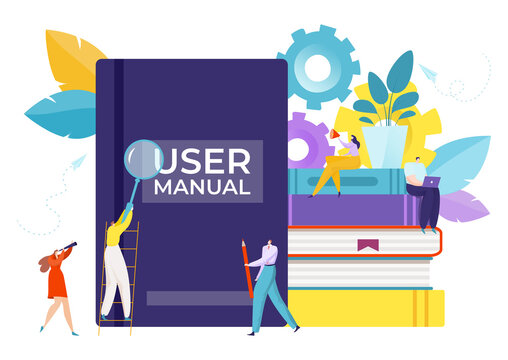 Guide for user manual book, vector illustration. Information instruction at flat service, guidance tutorial in cartoon document. Guidebook help and support man woman character concept.