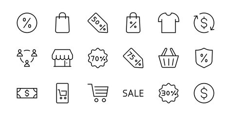 Black Friday Icon Set contains Discounts Promotions Shopping Package, Shopping Cart and more. Editable stroke, vector icons