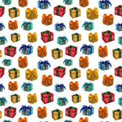 Watercolor seamless pattern with gift boxes. Hand drawn presents and gifts.