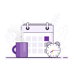 Calendar, clock, mug for planning the magic of the morning, time management in a simple flat style in gray, purple colors