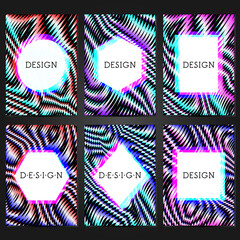 Collection of 6 card templates with glitch effect and frame for text. Layout for banners, posters, flyers, covers and invitations. Trendy design.