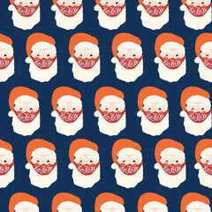Santa Claus wearing face mask against coronavirus seamless vector pattern. Repeating Christmas 2020 background. Christmas during pandemic hand drawn illustration. Holiday design Ho ho ho lettering.