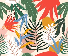 Abstract Modern Colorful Tropical Exotic Leaves Seamless Pattern, Plants and Leaves Design For  Background or wallpaper, Template, Clothing, Fashion, Fabric, Batik, Wrapping.
