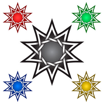 Ten pointed star logo template in Celtic style. Tribal tattoo symbol. Silver stamp for jewelry design and samples of red, green, blue and golden colors.
