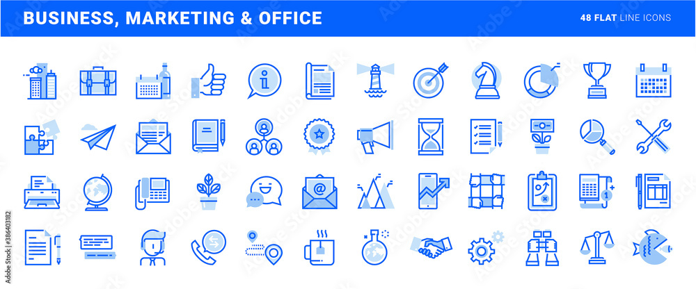 Poster set of flat line icons of business and marketing. vector concepts for website and app design and dev