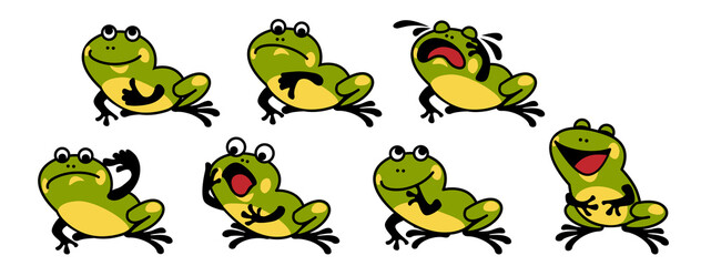 A cute little frog, sad, cheerful, smiling, thinking, laughing. shows hand sign fool, like, dislike