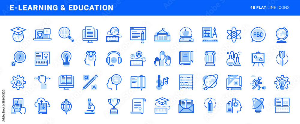 Poster set of flat line icons of e-learning and education. vector concepts for website and app design and d
