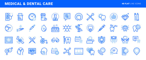 Set of flat line icons of medical and dental care. Vector concepts for website and app design and development.