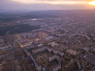 Drone view of smoke floats over the small town in Ukraine