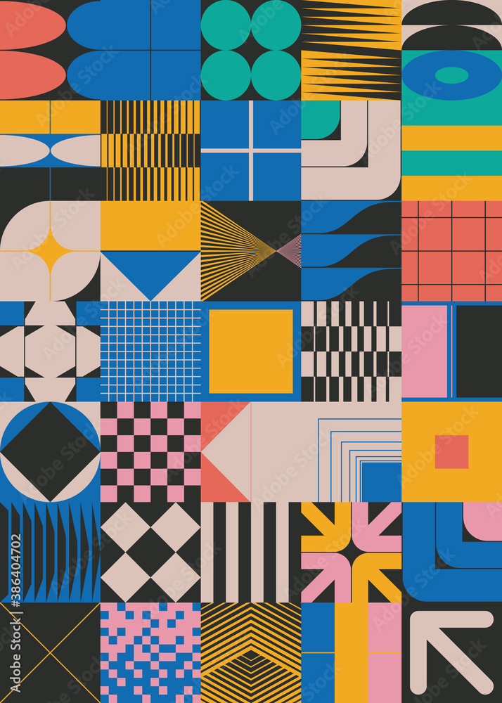 Wall mural retro-future inspired pattern artwork with abstract vector geometric shapes and unusual linear figur