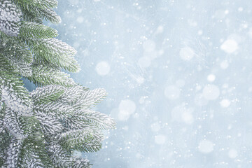 Christmas border. Holiday christmas tree garland on light blue snowy background. Christmas tree...