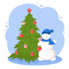 New year cartoon illustration with a funny snowman and a Christmas tree decorated with balls. Cute winter character isolated on white background.