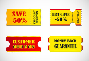 Coupon sale, offers and promotions vector template. Discount coupon, ticket, banner. Vector sticker, label. 