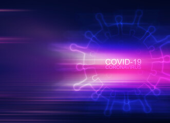Blank abstract background on the theme of the COVID-19 coronavirus pandemic. Neon hologram of a virus model.