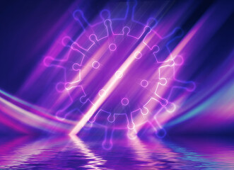 Blank abstract background on the theme of the COVID-19 coronavirus pandemic. Neon hologram of a virus model.