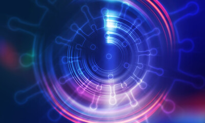 Blank abstract background on the theme of the COVID-19 coronavirus pandemic. Neon hologram of a virus model.