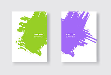 Purple and green abstract design set. Ink paint on brochure, Monochrome element isolated on white.