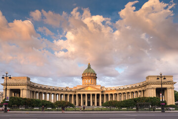 Kazan Cathedral in St. Petersburg at sunrise with beautiful sky
