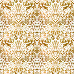 Golden white vintage seamless pattern. Gold royal classic baroque wallpaper. Antique background ornament.