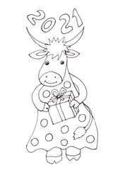 cow in smart dress with gift, symbol 2021, graphic black and white linear drawing on white background
