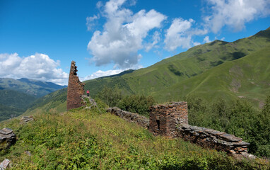 Ruins of upper Chazhash Castle on a mountain above the Svan community of Ushguli, the UNESCO World Heritage Site and one of the highest inhabited settlements in Europe, Svaneti, Georgia.