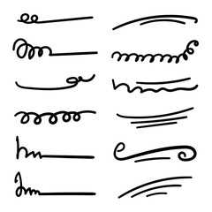 Set of handmade lines, brush lines, underlines. Hand-drawn collection of doodle style various shapes. Art Lines. Isolated on white. Vector illustration