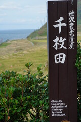 Wood sign. Japanese text is "Shiroyone Senmaida" and ”Agricultural heritage”.  At Shiroyone Senmaida, Sight seeing spot of Terraced field.
