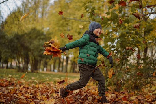 adorable caucasian boy having fun in park running on yellow folliage in park, throwing dry leaves up into air. Image with selective focus