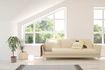 White living room with sofa and summer landscape in window. Scandinavian interior design. 3D illustration