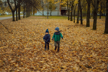 Obraz premium cute smiling caucasian boys having fun walking in a park on autumn day. Ground is covered with yellow leaves. Image with selective focus