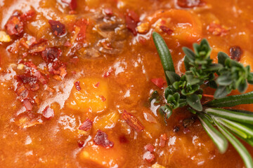 Close up of cream soup. Vegetables, herbs and spices
