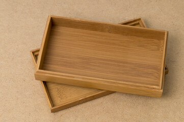 open wooden box on with lid on wooden background, mock up