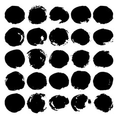 Collection of black grunge paint circles, stains. Brush strokes isolated on white background. Vector illustration.