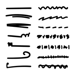 Set of handmade lines, brush lines, underlines. Hand-drawn collection of doodle style various shapes. Art Lines. Isolated on white. Vector illustration