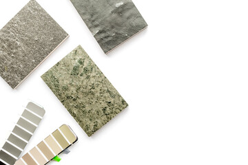Interior design selection of material samples with color scheme. Top view
