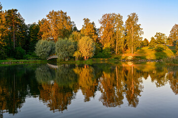 morning light over public park and pond in Kumla Sweden