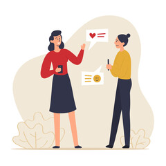 Flat illustration dialogue communication of two women with a smile through phones, support and sisterhood through communication in social networks and groups in autumn colors red and yellow