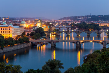 Fototapeta na wymiar Prague night panorama overlooking the bridges, Czech Republic