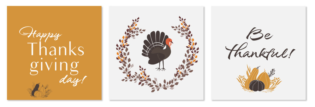 thanksgiving day, pumpkin illustration card, set of vector cards, autumn collection, turkey vector, costal media post