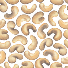 Watercolor repeated seamless pattern of cashew nuts.