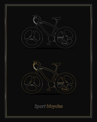 BMW outline bicycles with logo isolated on black background. Golden-silver bikes.