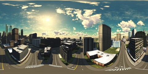 Panorama of the city. Environment map. HDRI map. equidistant projection. Spherical panorama.
3D rendering
