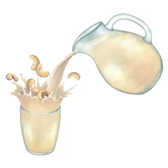 Selbstklebende Fototapeten Watercolor plant based milk pouring out from the glass jug into the cup with a splash of cashew nuts © Ekaterina Glazkova