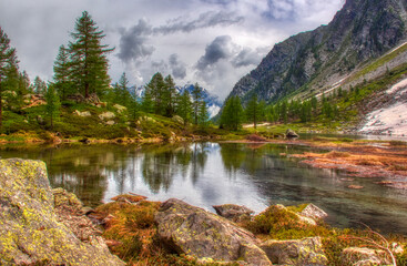 Fototapeta na wymiar Lake Arpy 2066m. Alps, Italy. Valle d'Aosta Region. HDR.