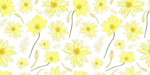 Foto op Plexiglas Yellow flowers on a white background pattern. Field summer flowers. Beautiful delicate pattern on the fabric © Анна Таранкова