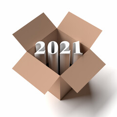 New year concept. Number 2021 is shown out of a cardboard box.