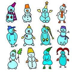 set of twelve cute snowmen
