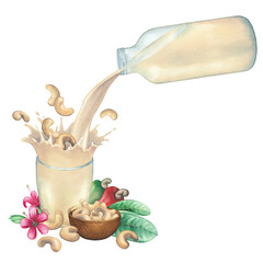 Watercolor plant based milk pouring out from the glass bottle into the cup with a splash of cashew nuts.