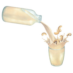Watercolor plant based milk pouring out from the glass bottle into the cup with a splash of cashew nuts.